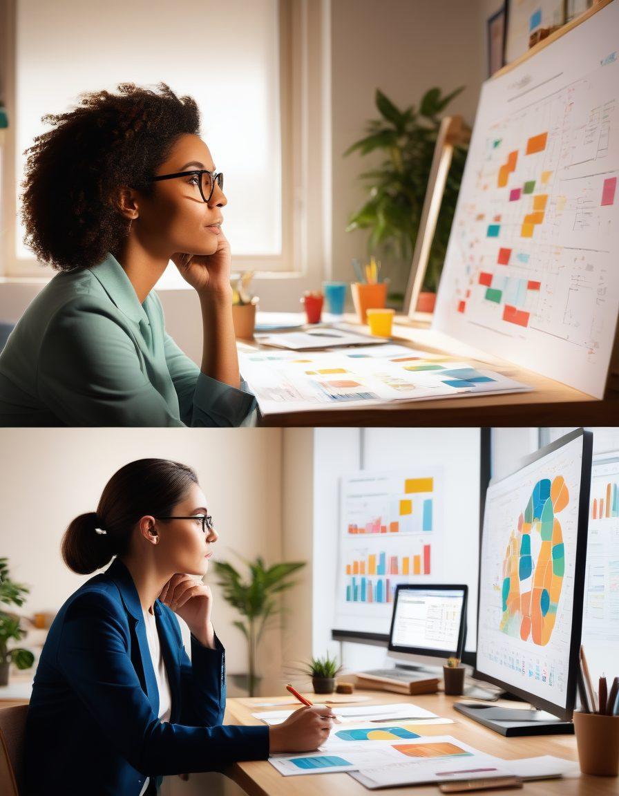 A split image showcasing two contrasting scenes: on one side, a person contemplating their personality traits surrounded by colorful charts and graphs, representing self-assessment; on the other side, the same person confidently leading a team in a vibrant workplace setting, with diverse colleagues engaging in discussion. Include elements symbolizing growth like plants and ladders. dynamic and inspiring. super-realistic. vibrant colors.