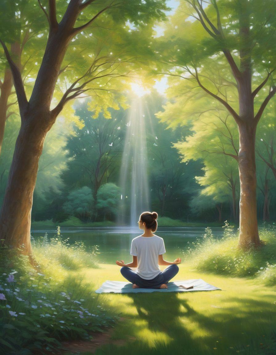 A serene and reflective scene featuring a person meditating in a lush green park, surrounded by symbols representing the Myers-Briggs personality types like gears, light bulbs, and books floating in the air. The figure, a diverse representation of gender and ethnicity, radiates an aura of clarity and insight, with warm sunlight filtering through the trees, creating an inviting atmosphere. Soft pastel colors enhance the calming environment, emphasizing self-awareness and growth. painting. vibrant colors.
