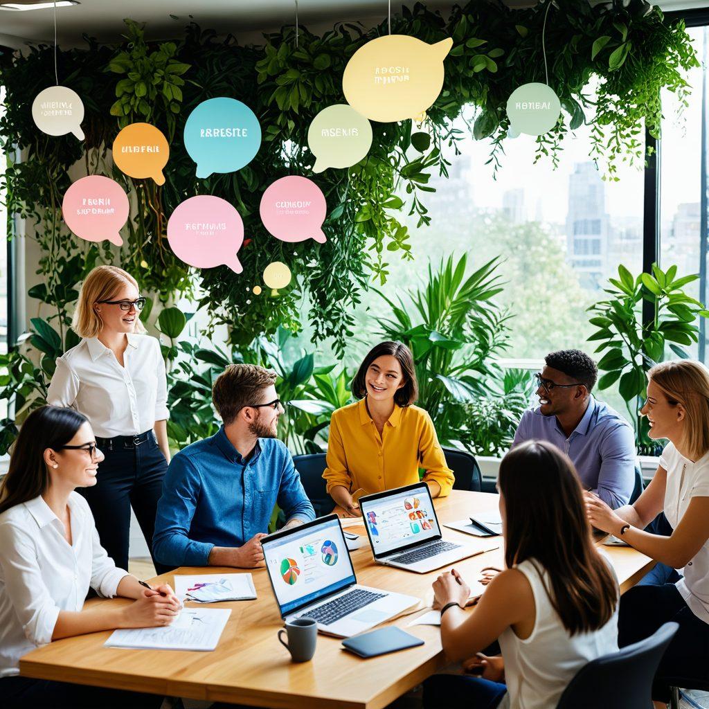A colorful team meeting scene showcasing diverse individuals engaged in collaborative activities, with each person represented by different MBTI personality types illustrated through visually distinct characteristics. Include thought bubbles displaying communication icons and tools that symbolize cooperation. The background should feature a modern office environment with plants and natural light. vibrant colors. modern illustration.